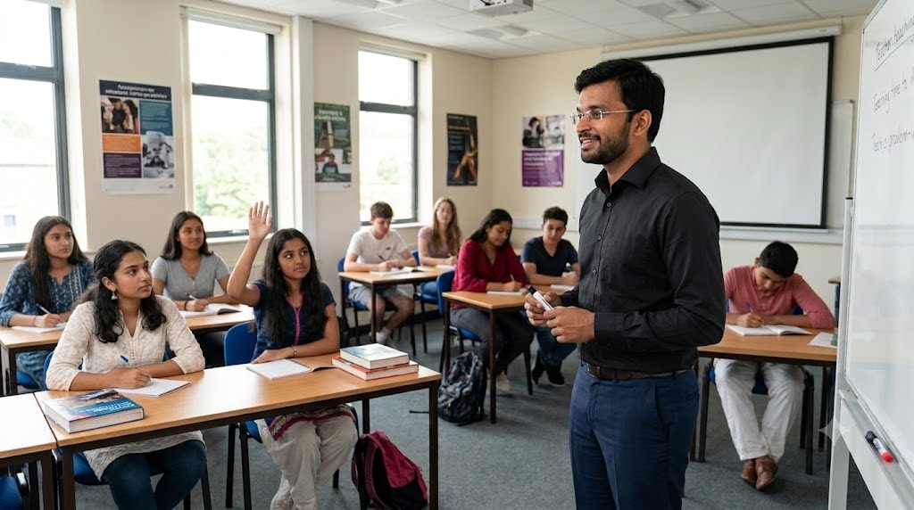 Gaurav teaching students in a classroom at AlpaVentures, Prayagraj